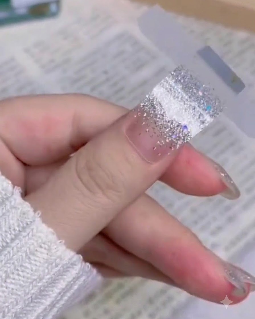 A thumb showing excess nail sticker bent down over the free edge.