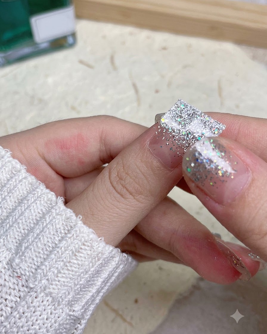 A thumb pressing down firmly on a silver glitter nail wrap to secure its edges.