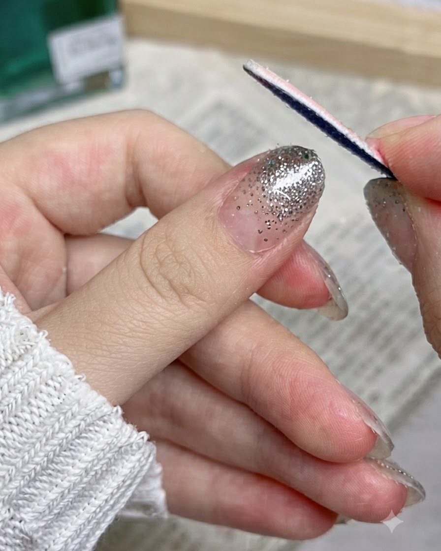 A close-up of a completed single nail featuring a sparkling silver glitter ombre design and clean edges.