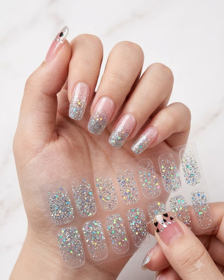 A hand holding up a clear sheet of nail stickers with a silver glitter gradient pattern.