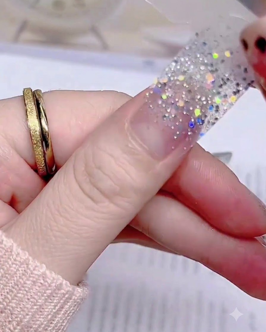 A finger pressing the center of a silver glitter nail sticker flat onto the natural nail bed.
