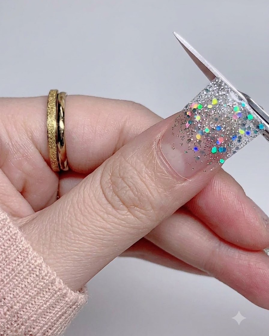 A close-up of a thumb pressing down and smoothing the edge of a silver glitter nail sticker.