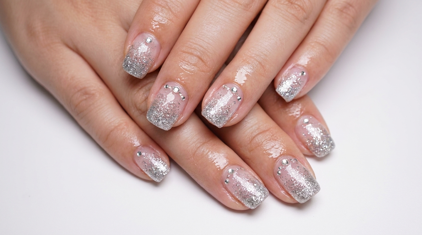 Silver Glitter Gradient Nail Art with Crystal Embellishments — Step-by-Step Tutorial