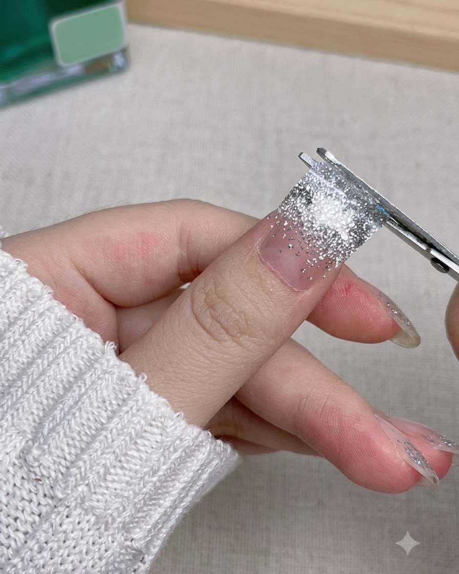 A close-up view of a silver glitter gradient false nail being pressed onto a natural index finger.