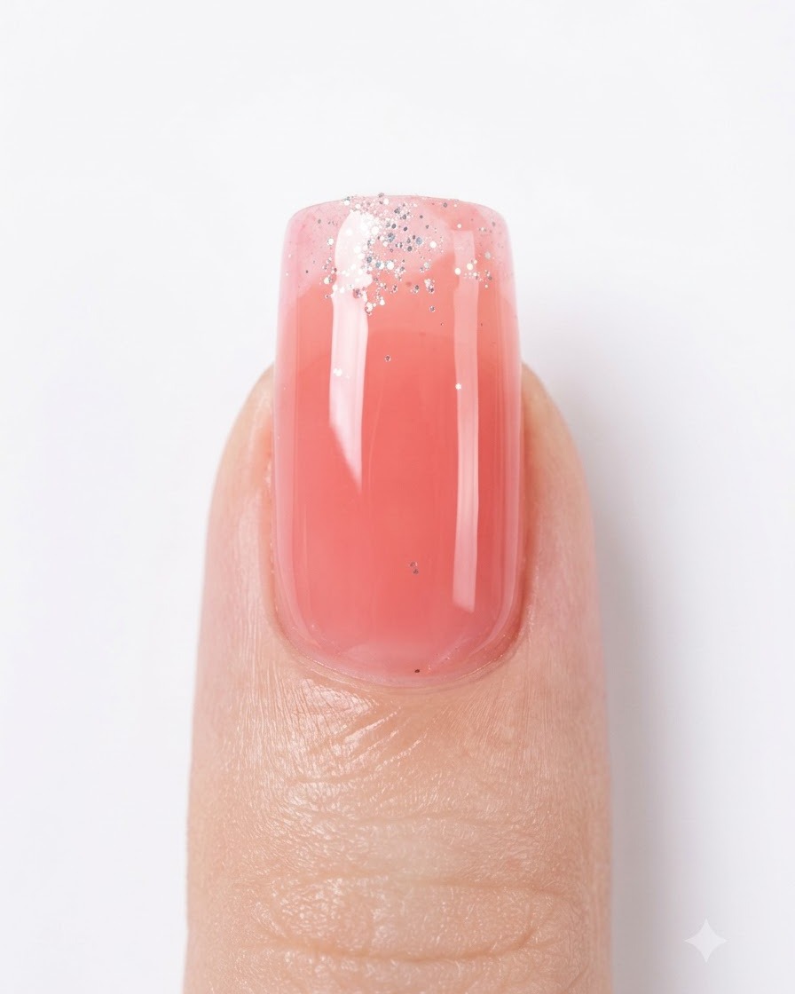 A fine nail art brush dipping into a container of silver glitter gel.