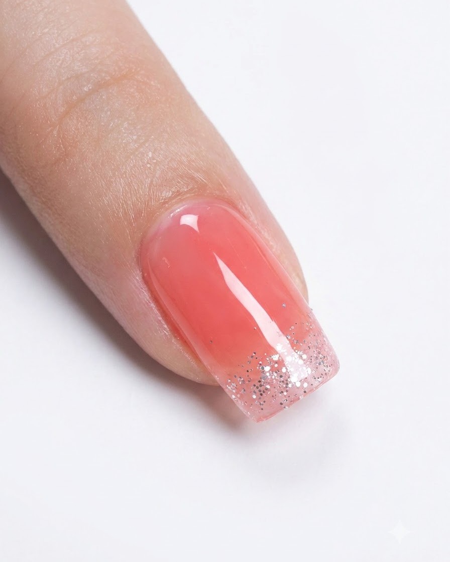 A close-up of a finger receiving a delicate silver glitter application concentrated on the tip of the nail.