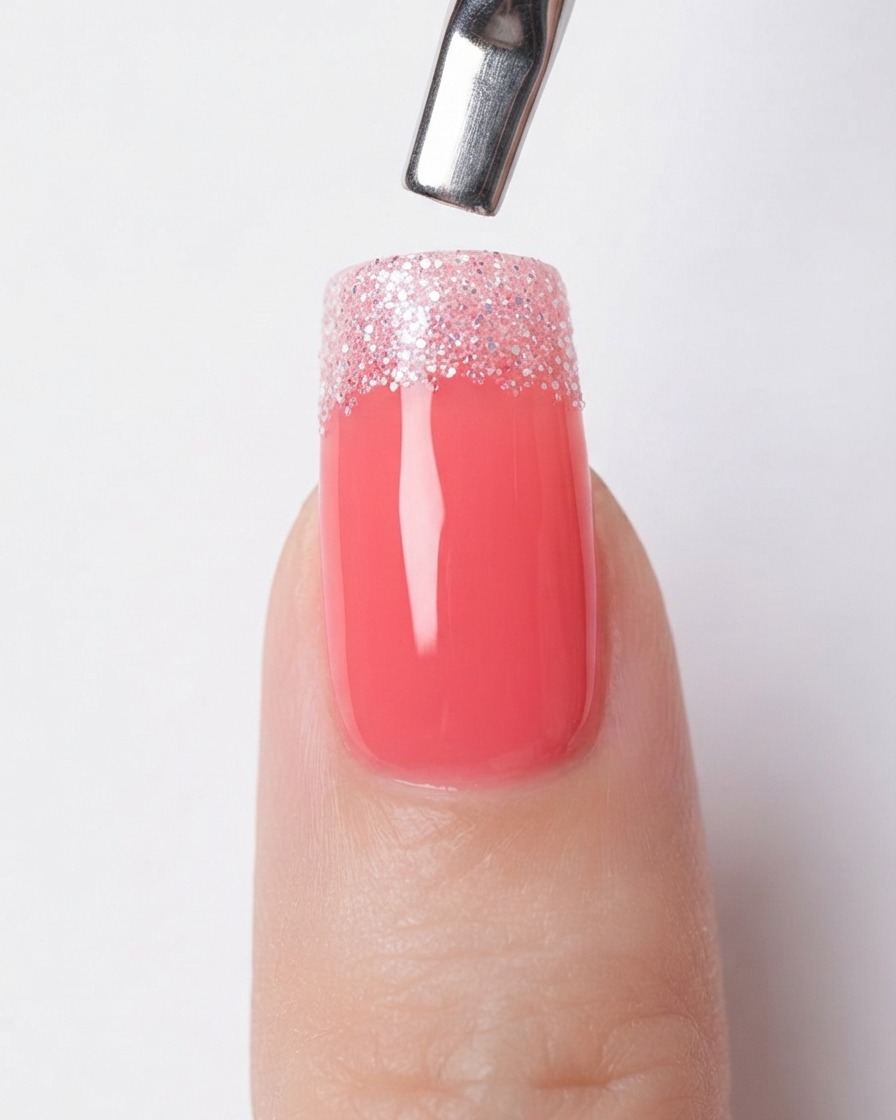 A close-up view refining the upper transition zone of a silver glitter gradient nail.