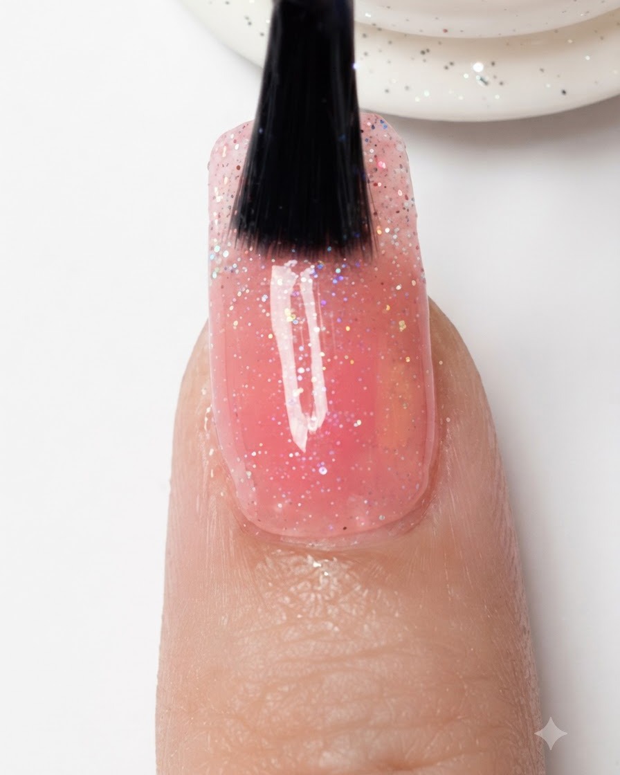 A brush applying a clear top coat over the entire surface of a glitter gradient nail.