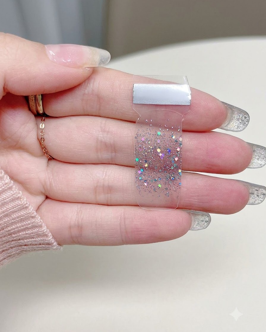 A close-up of a hand holding a transparent sheet of silver glitter gradient nail stickers against a neutral background.
