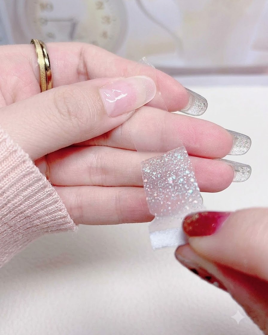 A hand carefully peeling a silver glitter nail sticker away from its clear plastic backing sheet.