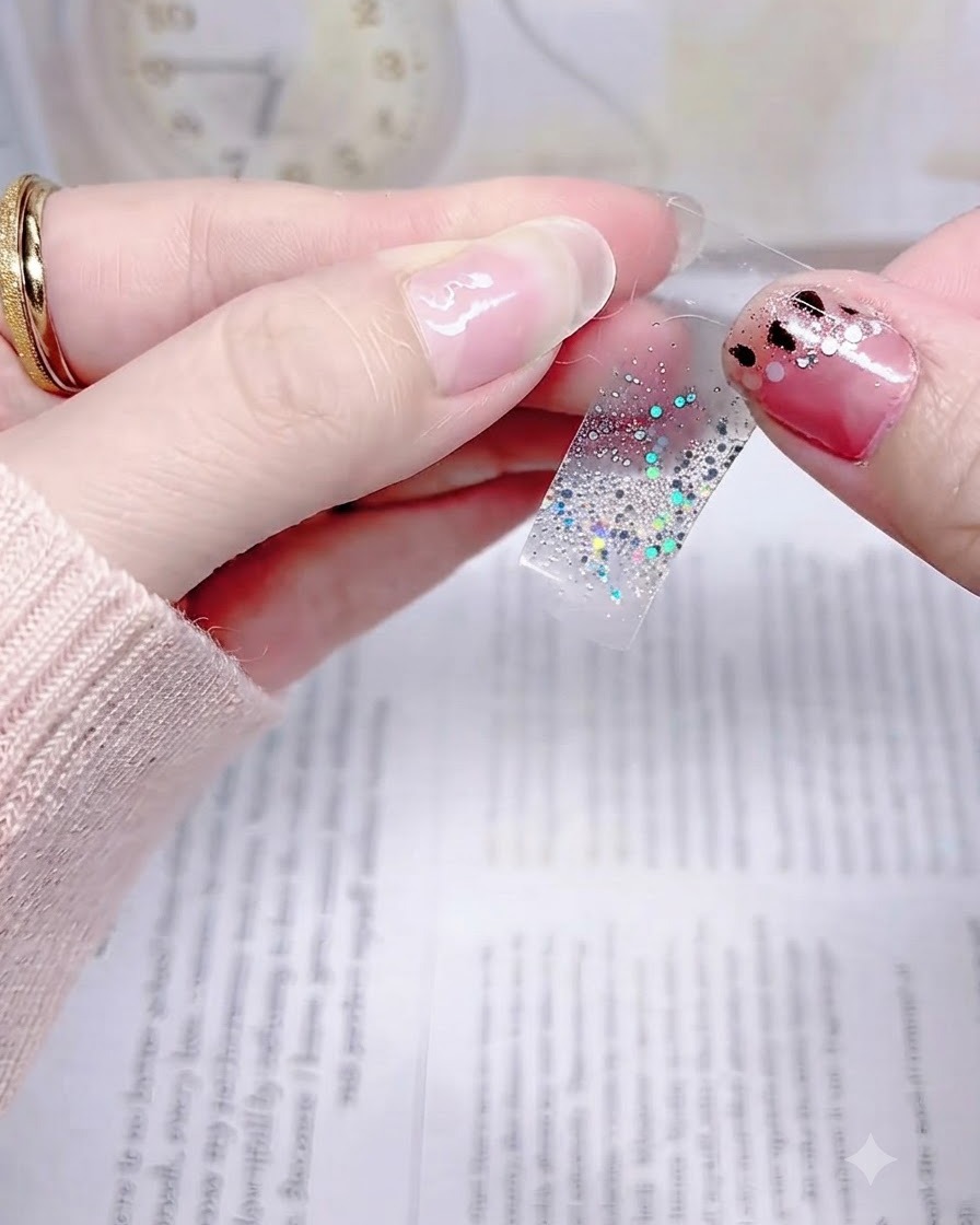 A hand holding a silver glitter sticker precisely aligned just above the cuticle of a natural fingernail.