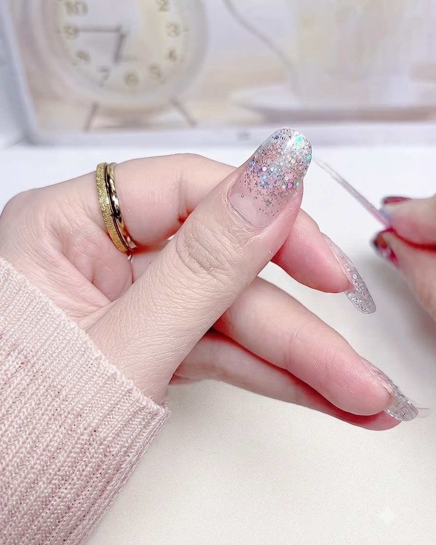 A close-up view of filing and refining the edges of a silver glitter gradient nail sticker along the sidewall.