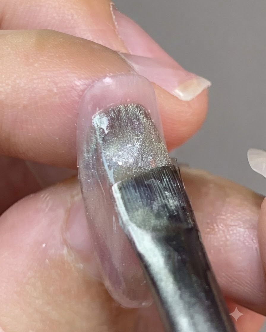 A brush applying a shimmering cat-eye magnetic polish onto a nail surface.