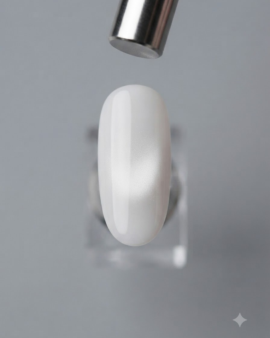 A bar magnet moving over a nail to concentrate light particles right in the middle.