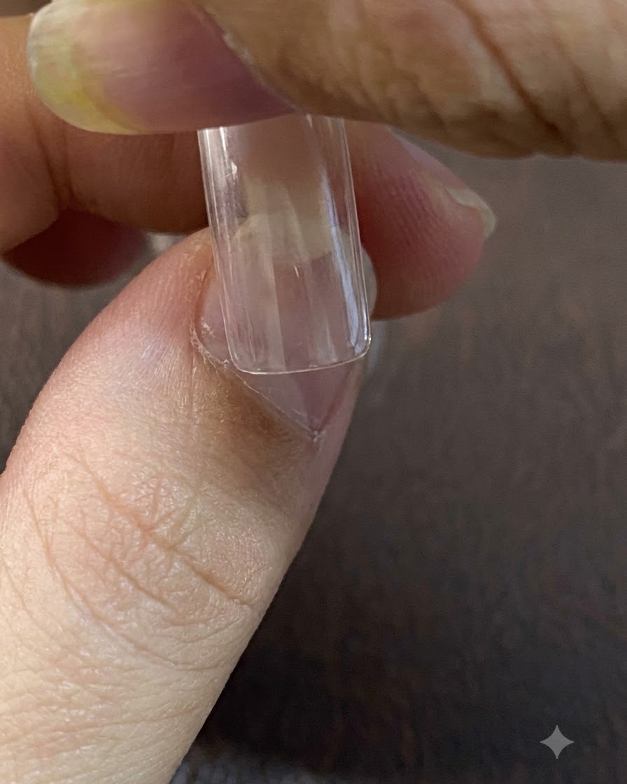 A magnet held at a distance above a nail, creating a wide chasing cat-eye light reflection.