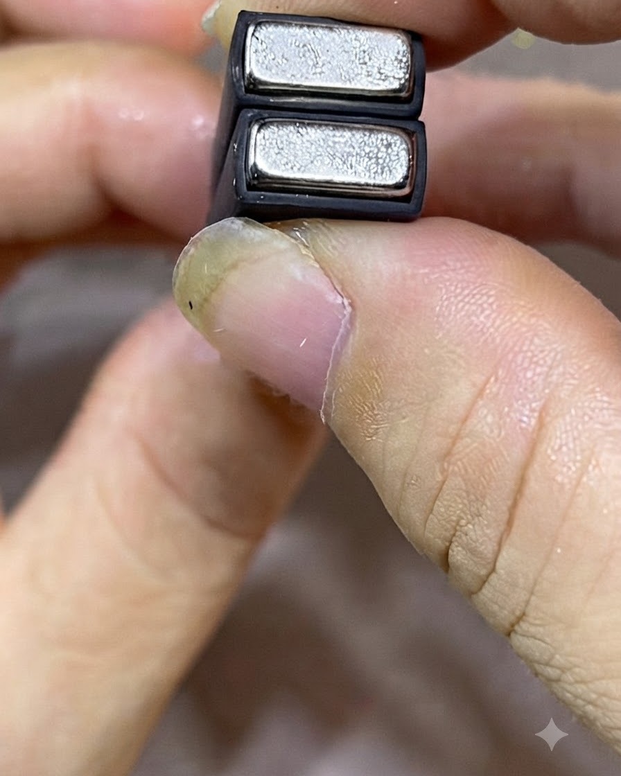 Two small bar magnets held tightly together in a parallel alignment.