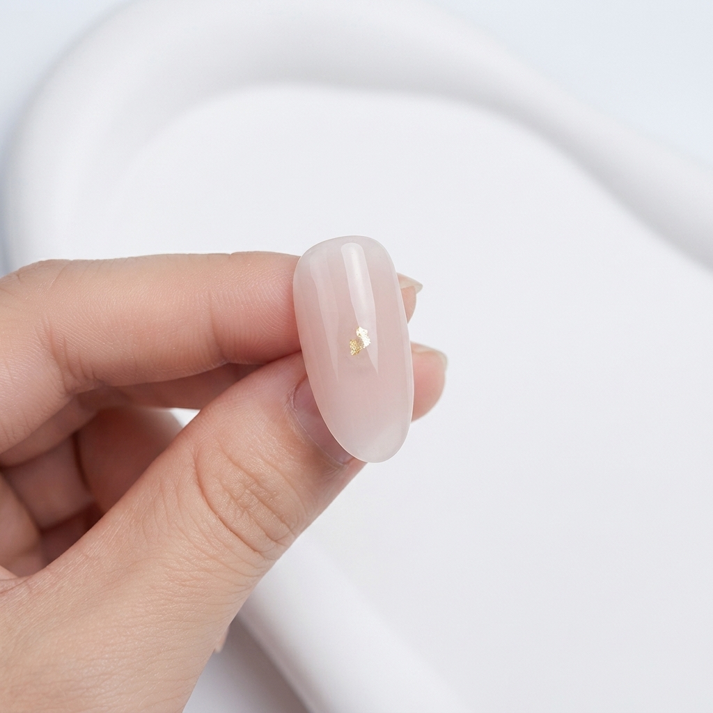 A finished nude pink nail with a small gold foil accent, held between fingers against a white background.