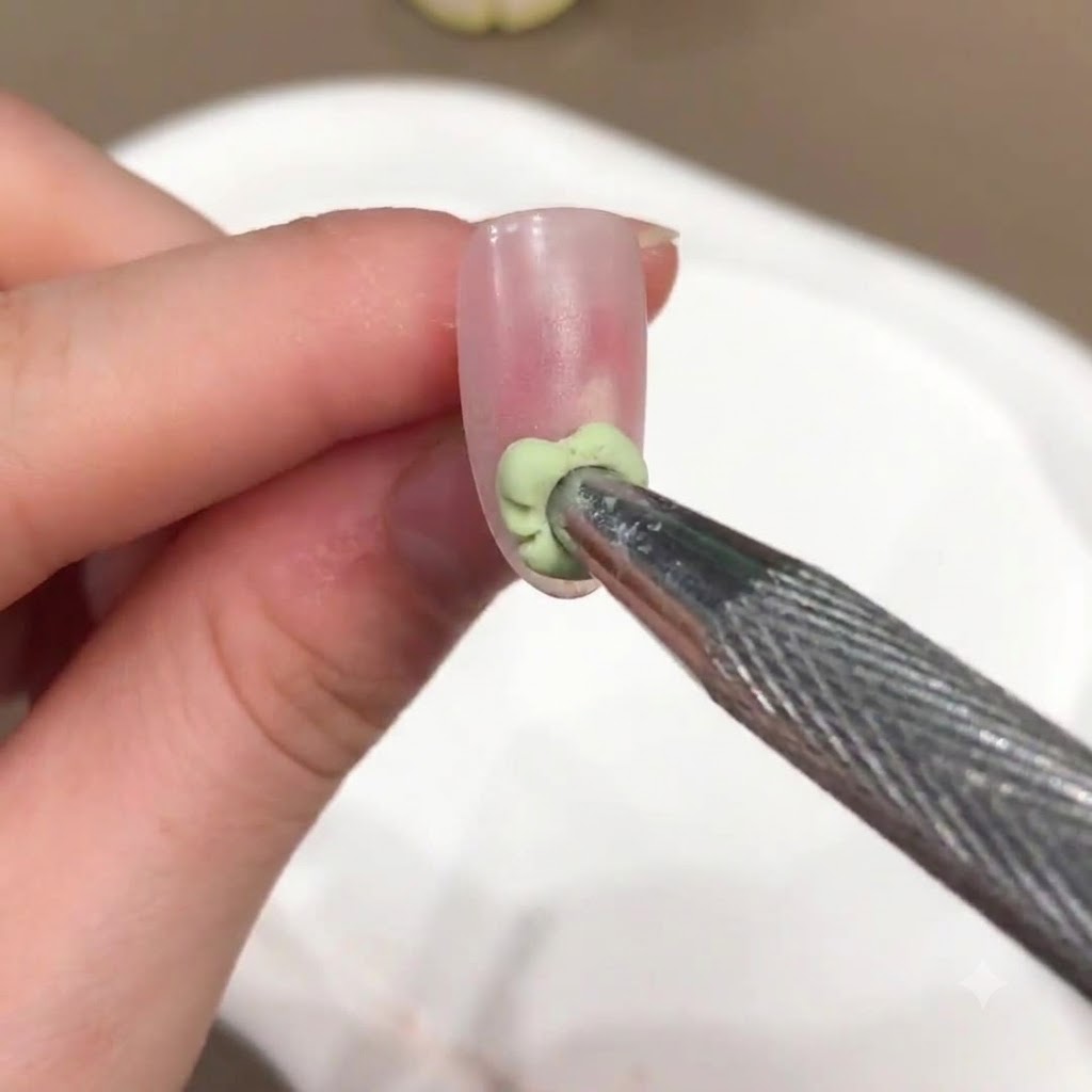 A metal tool placing a small green gel blob onto the prepped nude pink nail surface.