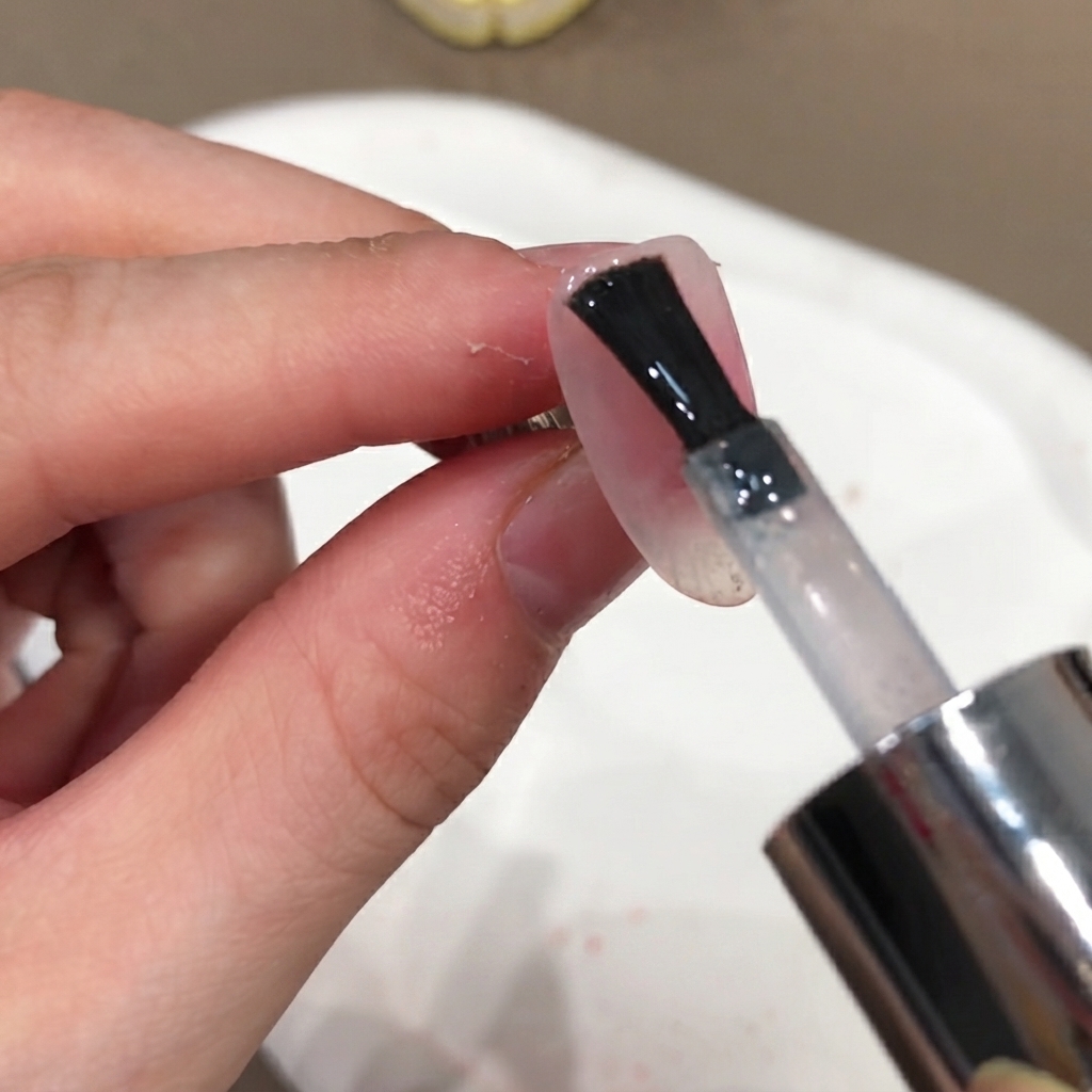 A nail polish brush applying a clear non-wipe top coat onto the surface of a manicured nail.