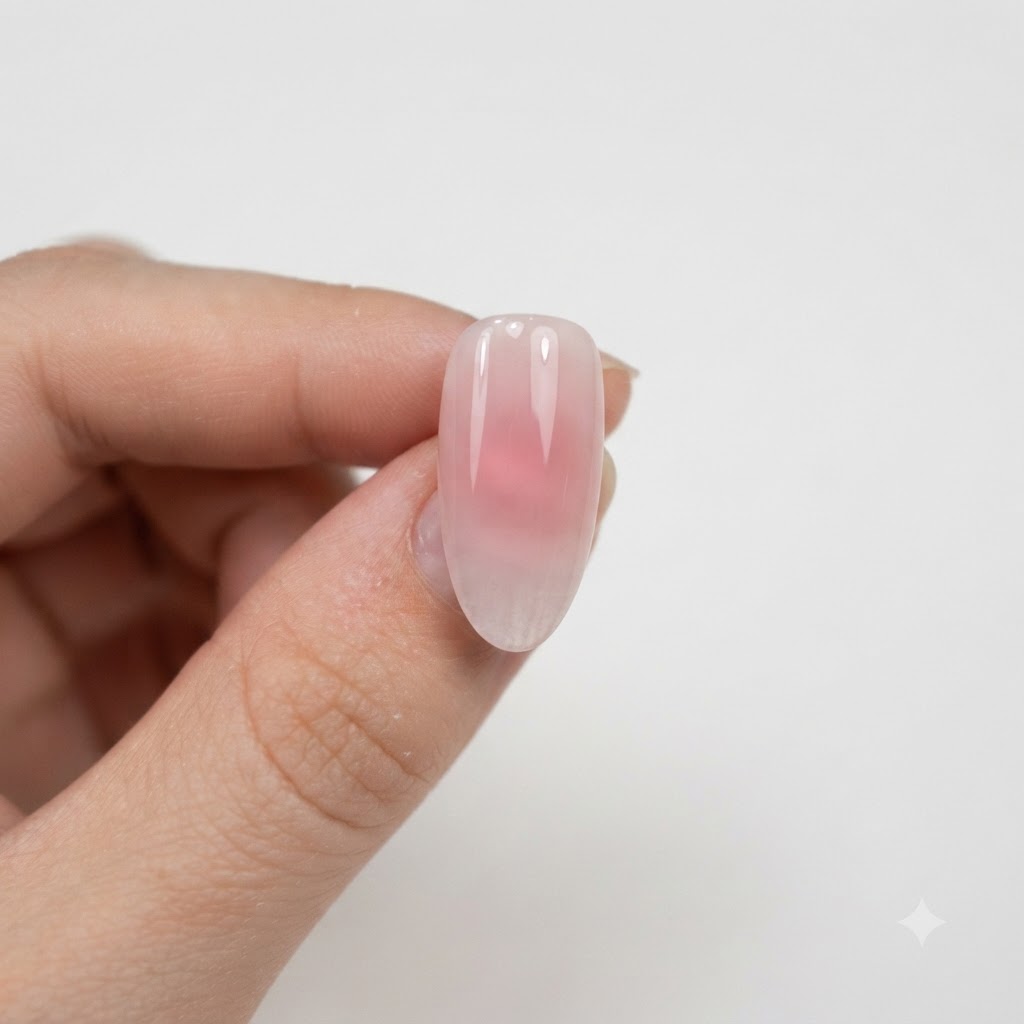 A close-up view of a nude pink nail featuring a subtle pink gradient effect under glossy top coat.