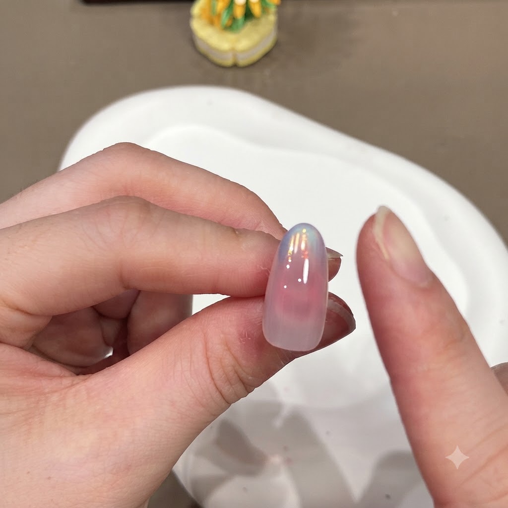 A finger wiping away excess aurora powder from the edges of a glossy gradient nail.