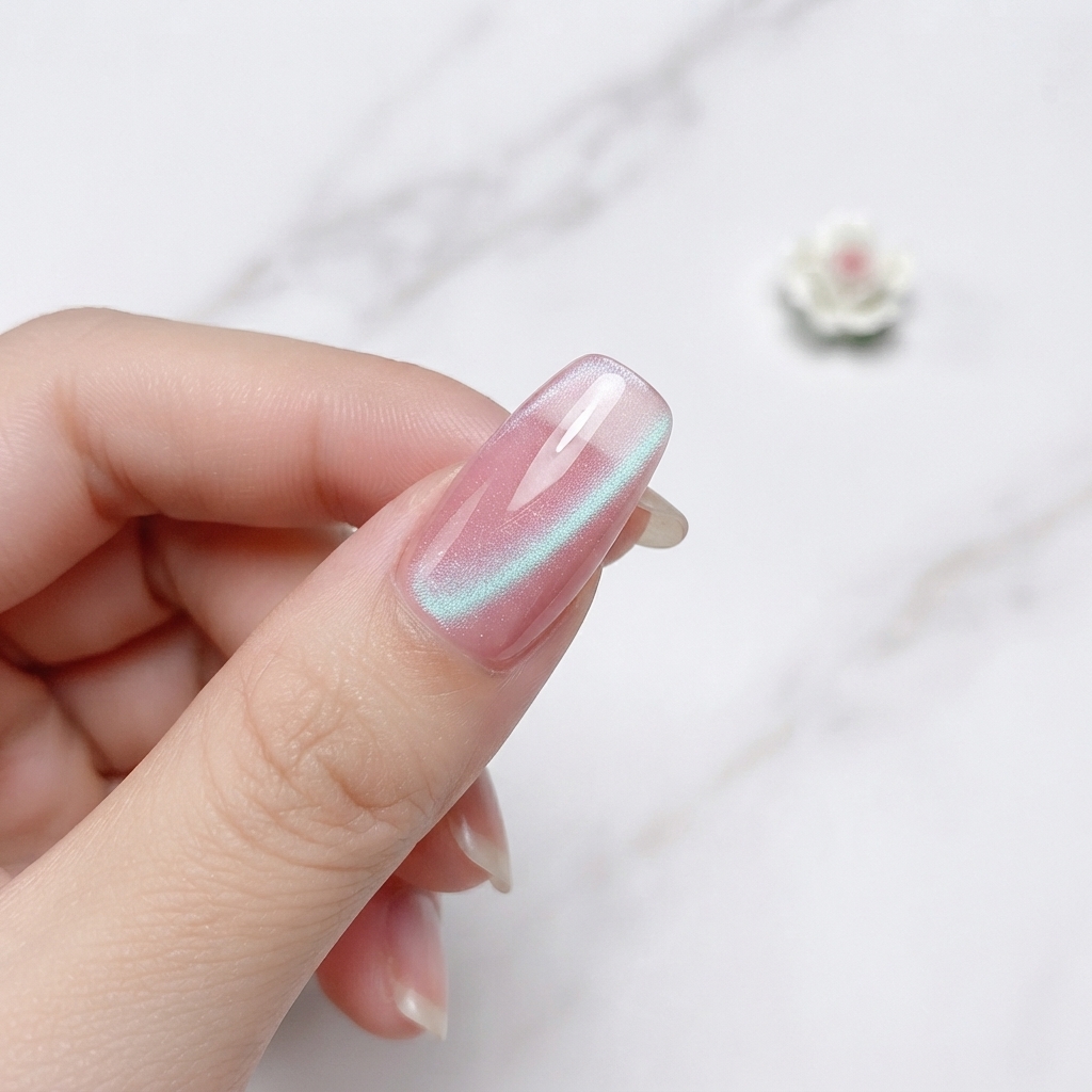 A close-up view of a manicured finger with a clear glass cat eye gel applied over the base.