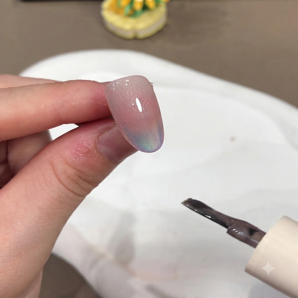 A brush and magnet near a manicured nail to shape the cat eye light effect.