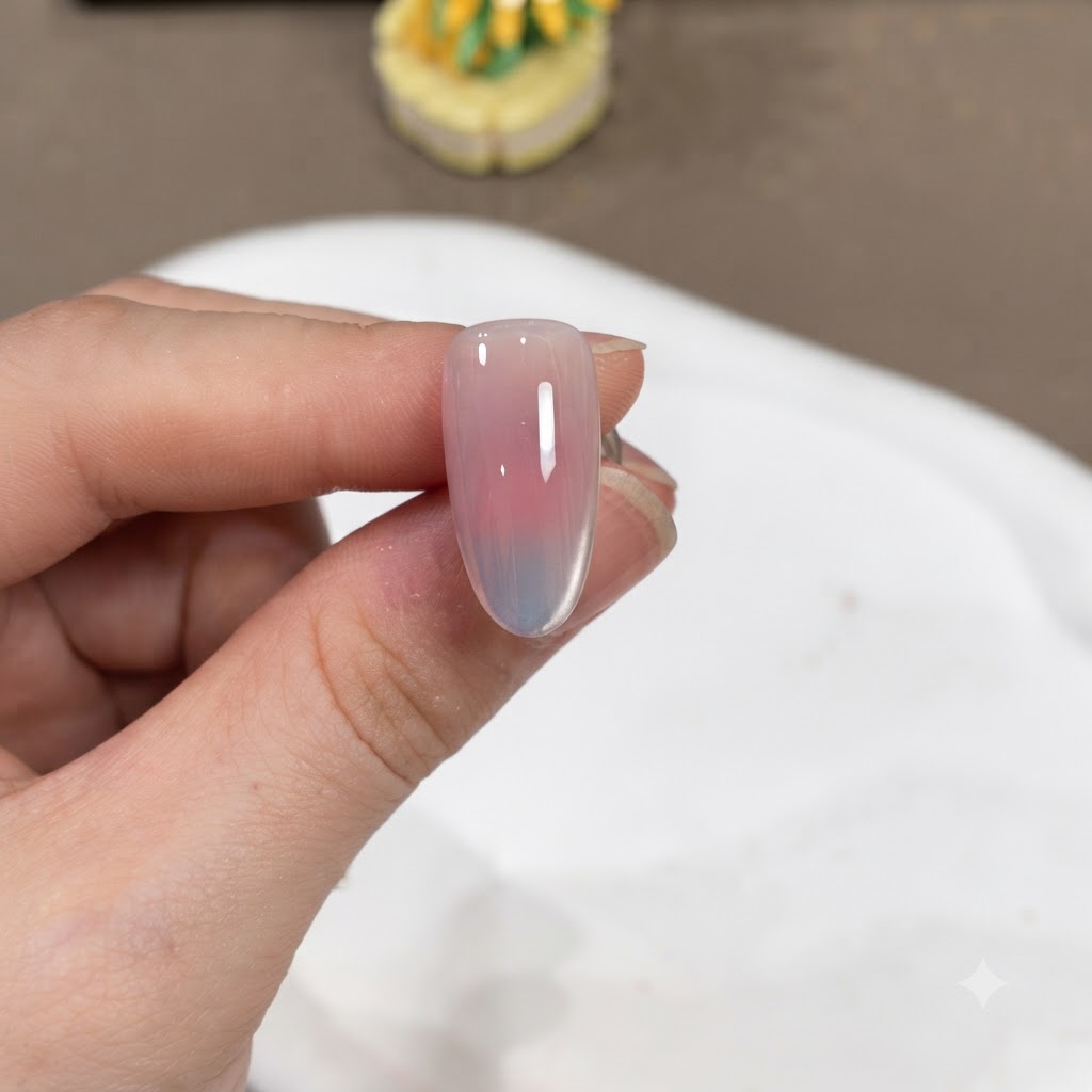 A finished manicured nail showing a glossy top coat layer ready for final curing.