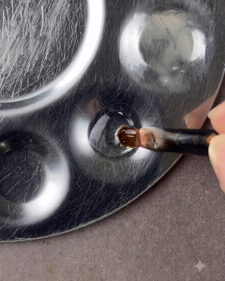 A round-headed nail art brush dipping into a drop of clear base gel on a metal palette.