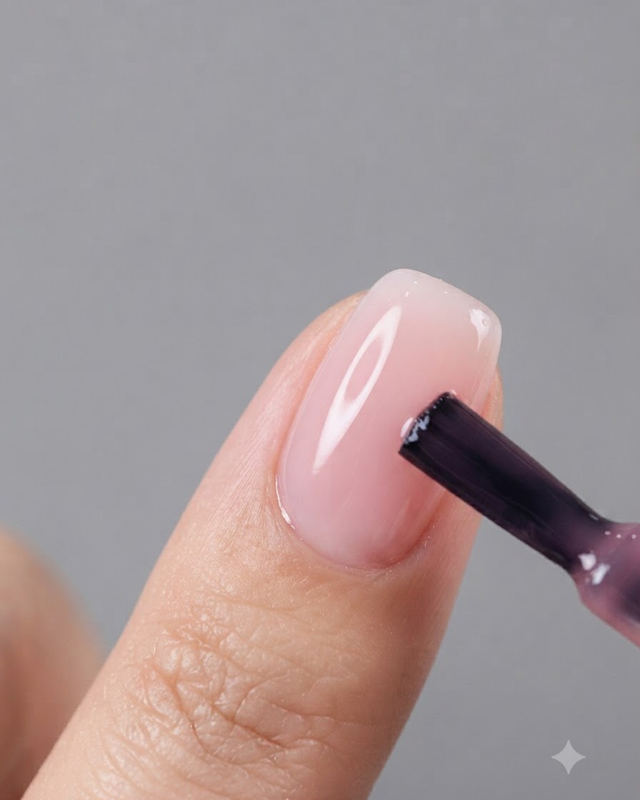 A brush applying a small dot of pink gel to the center of a nail.