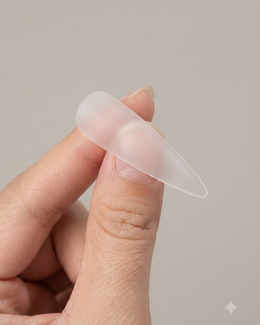 A close-up of fingers holding a clear, pointed artificial nail tip while preparing it.