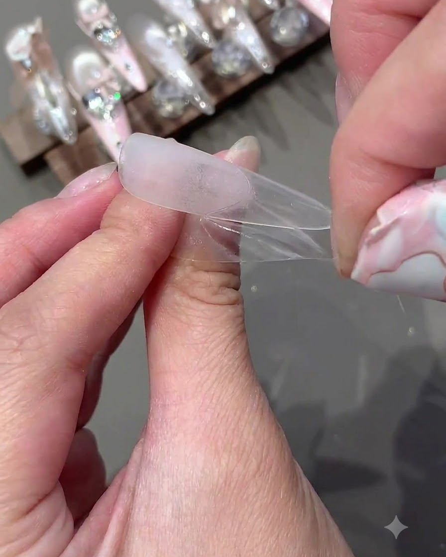 Fingers carefully peeling off a curved guide sticker from a clear artificial nail tip.