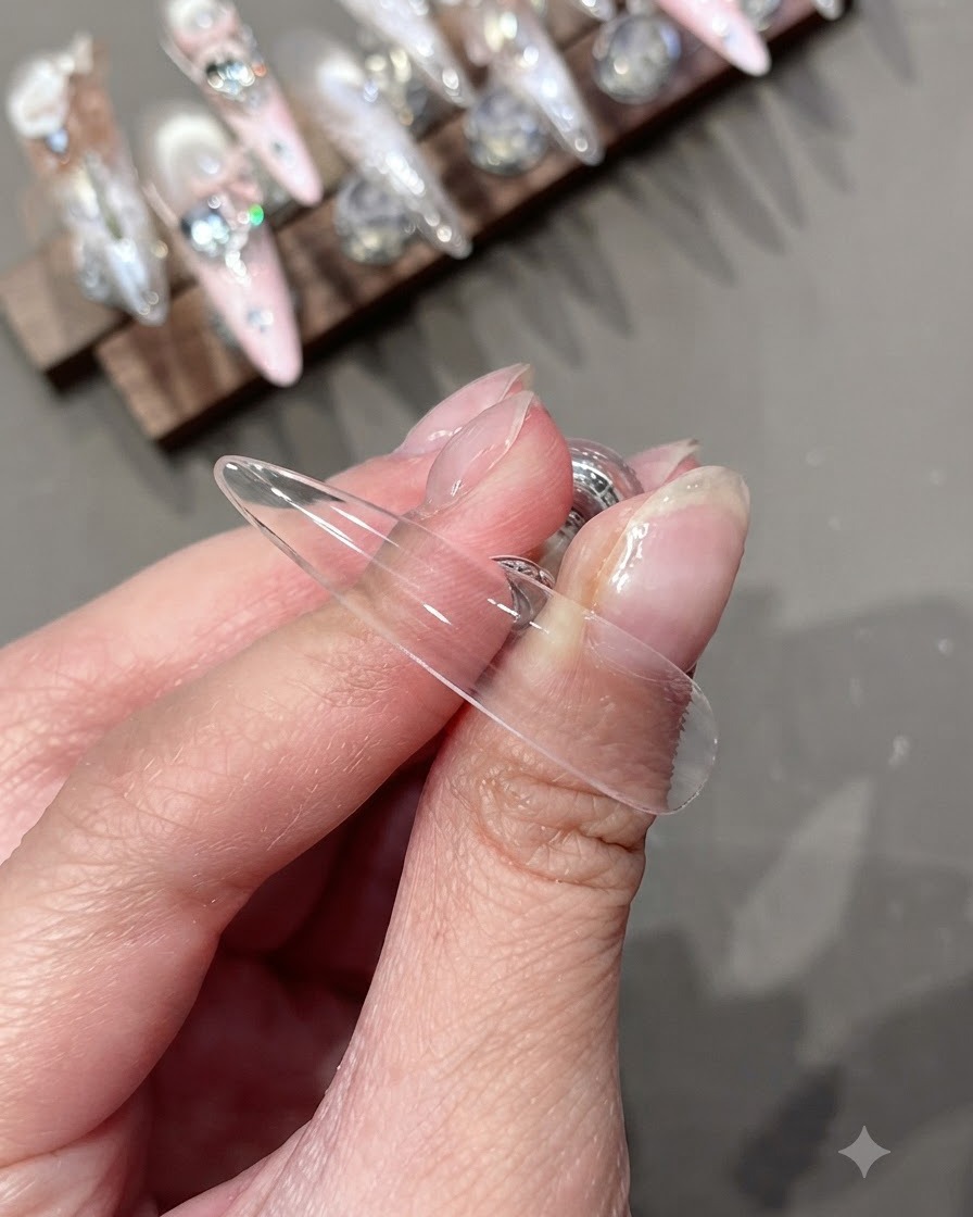 A clear artificial nail tip showing a smooth coating of soft base gel.