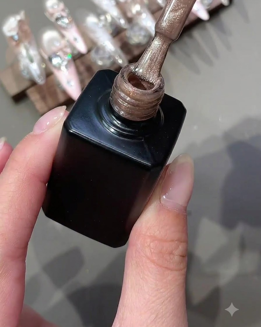A nail polish brush holding shimmering cat eye gel over an open black bottle.