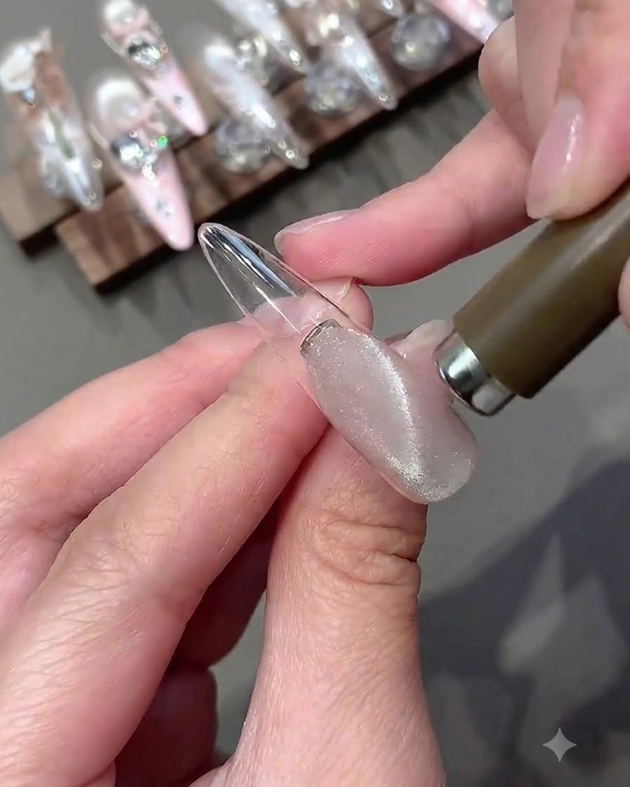 A hand holding a magnetic wand hovering over a shimmering cat eye gel nail.