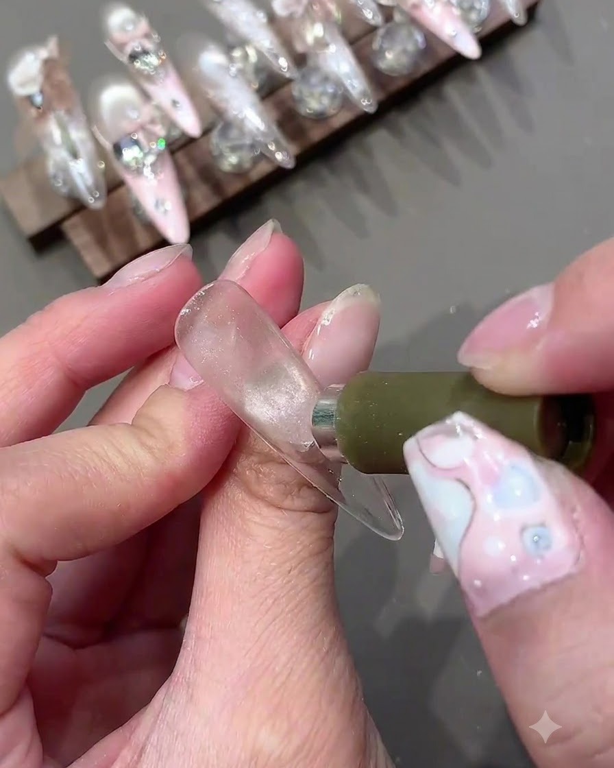 A close-up of a magnet shaping a spotlight cat eye highlight on a translucent gel nail.