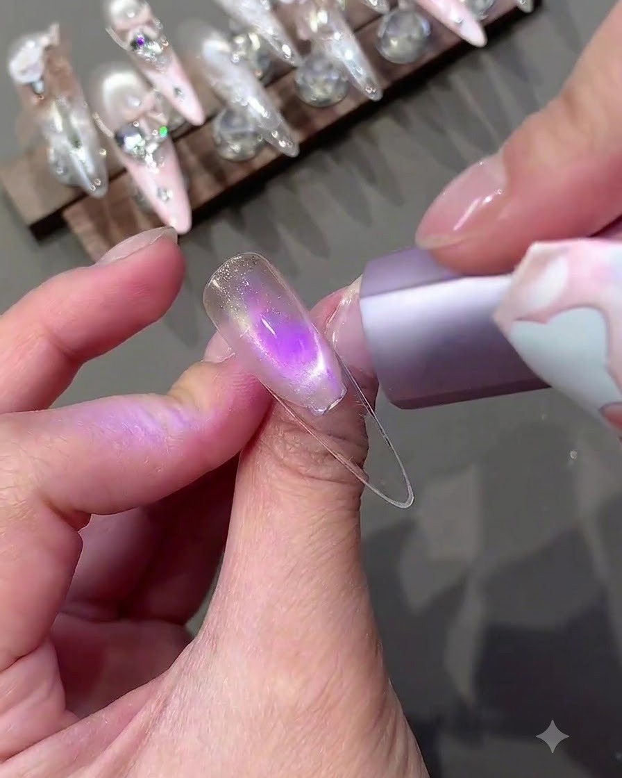A fingernail illuminated by a purple UV lamp during the gel curing process.