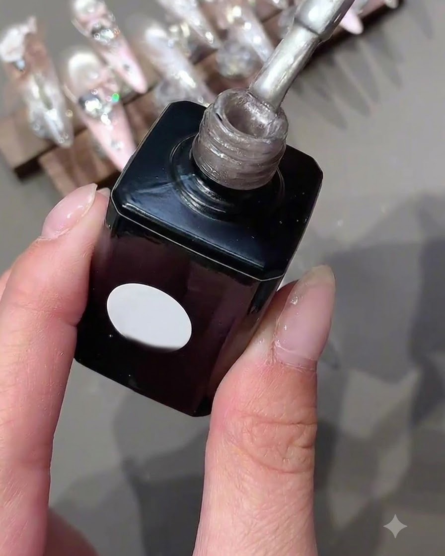 A bottle of gel polish held upright showing the brush applicator filled with shimmer gel.