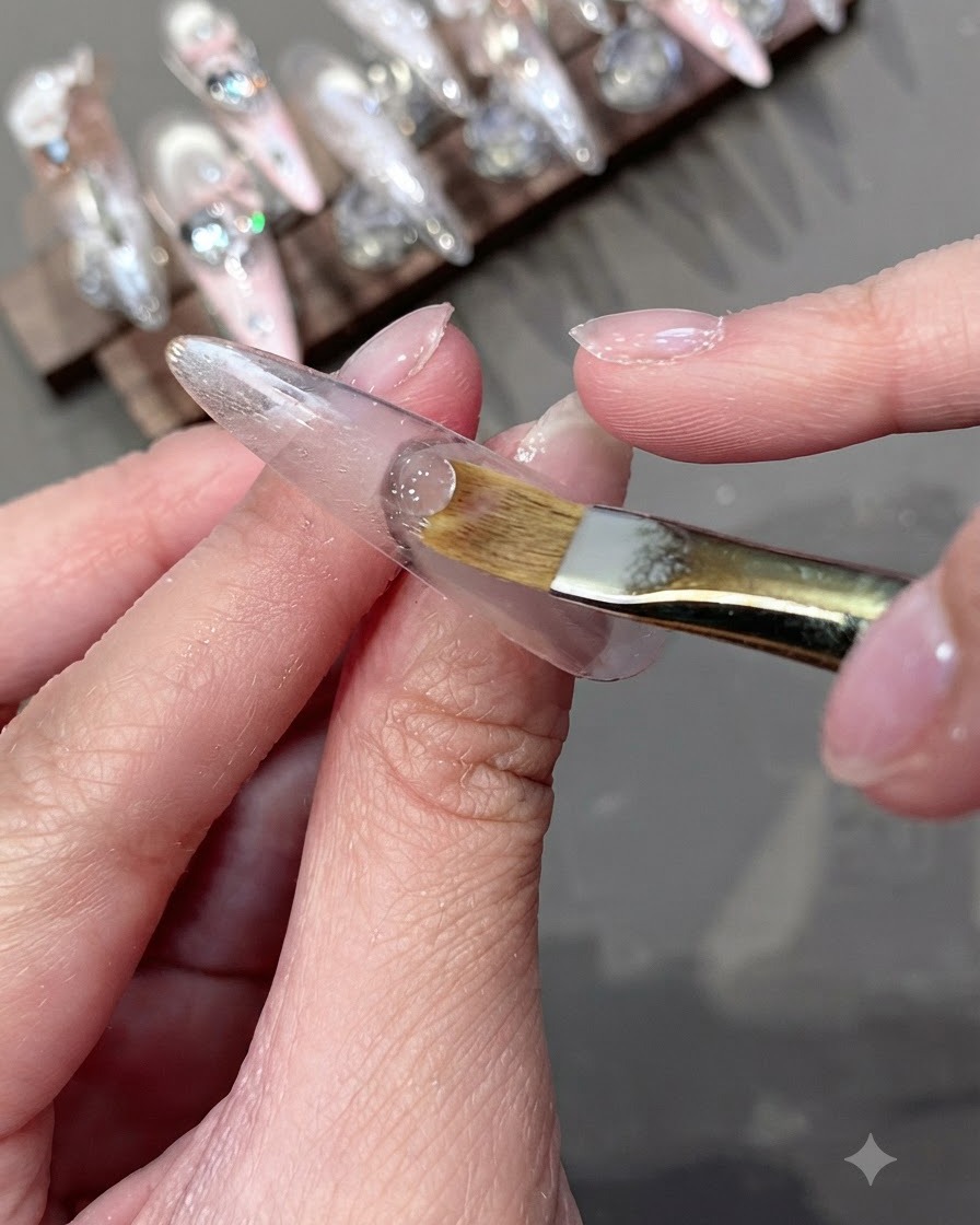 A soft makeup-style brush feathering the edge of a gel layer near the cuticle.
