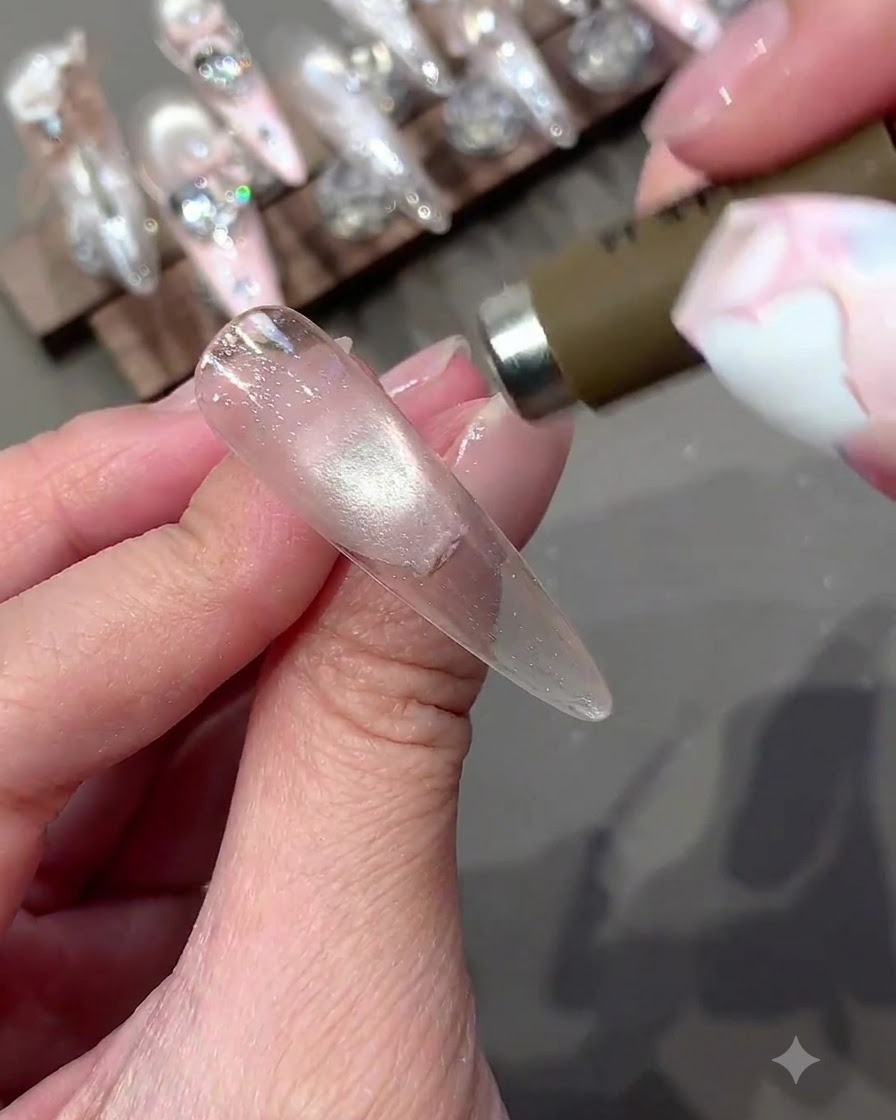 A magnet tool positioned near the tip of a nail to concentrate cat eye glitter particles.