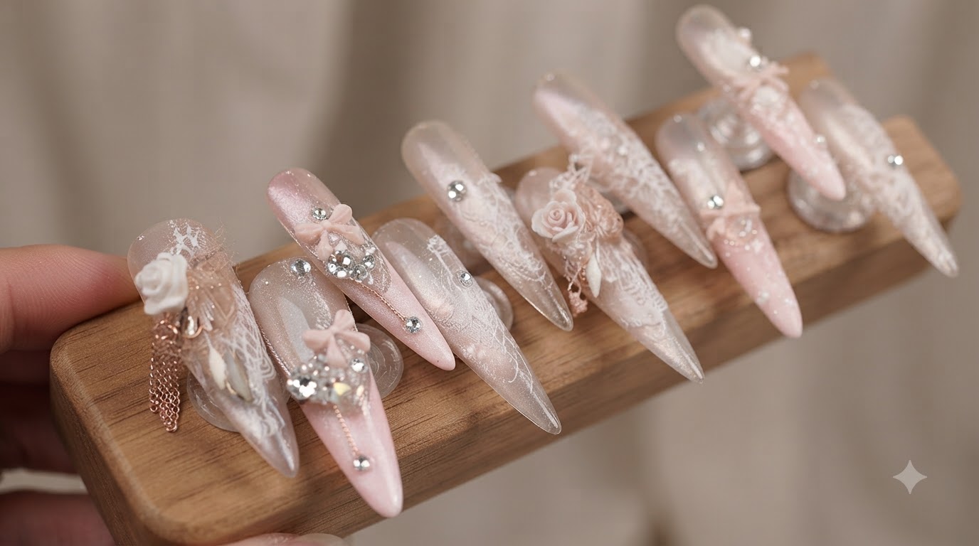 Pink Graceful Princess Press-On Nails — Step-by-Step Cat Eye & Lace Tutorial