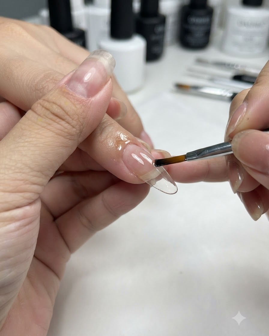 A flat brush applying a translucent flesh pink gel onto a prepared nail extension.