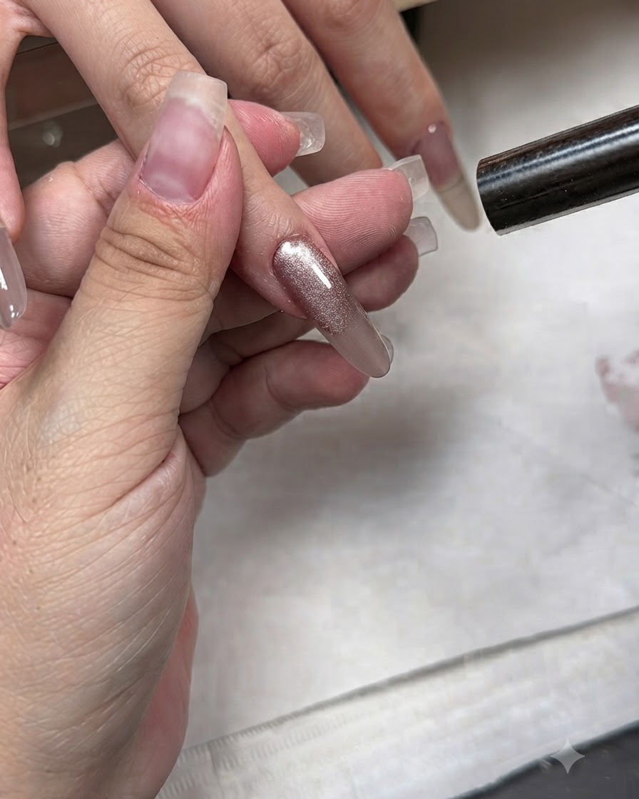 A magnetic wand hovering over a shimmering cat eye nail to draw out the light effect.