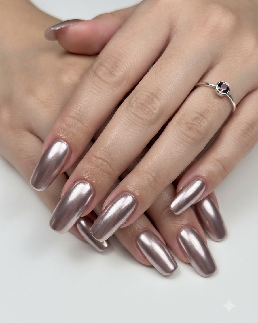 Both hands showing finished glossy metallic chrome manicured nails with a ring on one finger.
