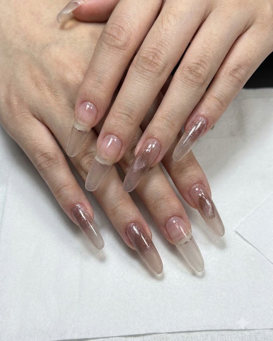 Both hands showing prepped and partially styled long, clear-to-pink gradient nails.
