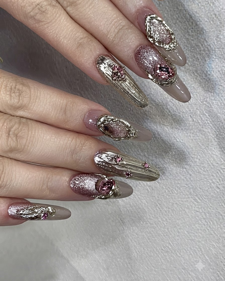 A close-up view of a nail being dotted with clear styling gel in preparation for placing rhinestones.