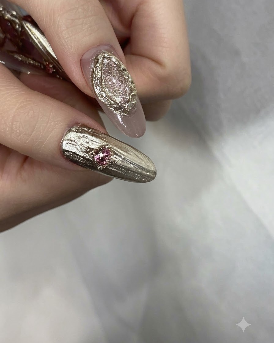 Finished manicured fingers adorned with pink rhinestones, gold beads, and textured chrome details.