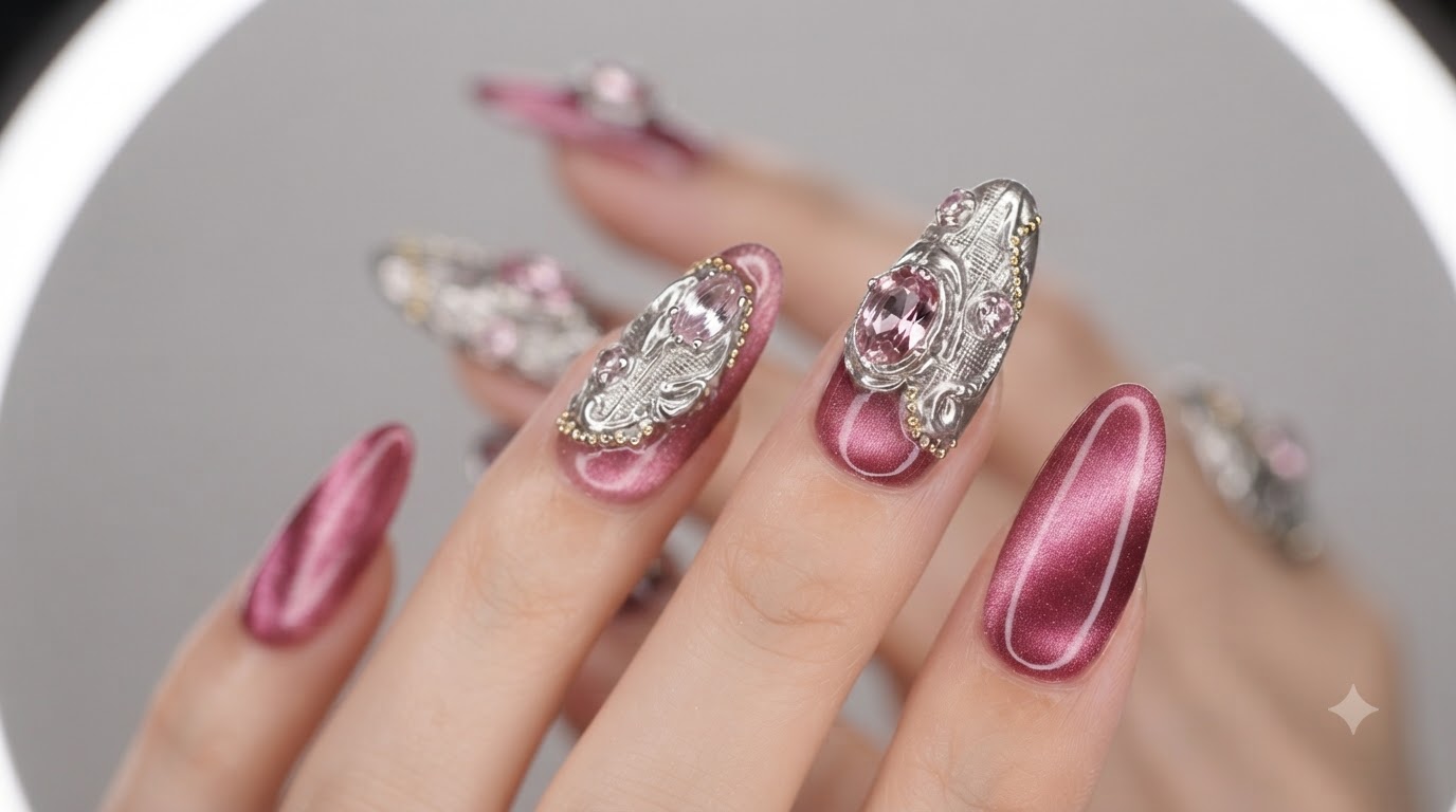 Pink Cat Eye and Metallic Buccellati Style Textured Nail Art Tutorial