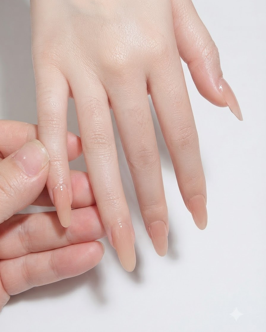 A hand using a lint-free wipe with cleanser on the index fingernail plate.