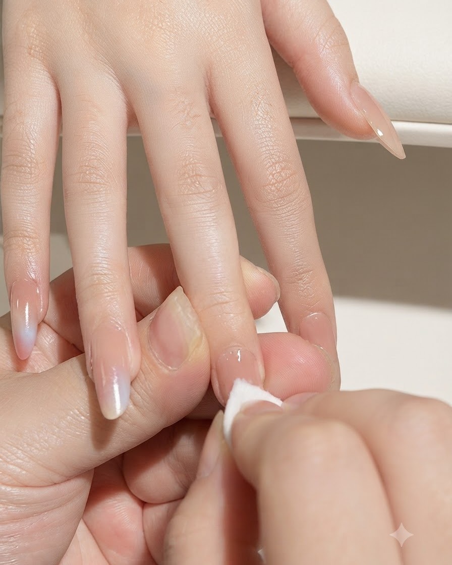 A lint-free wipe held by a hand cleaning the surface of a natural pinky fingernail.